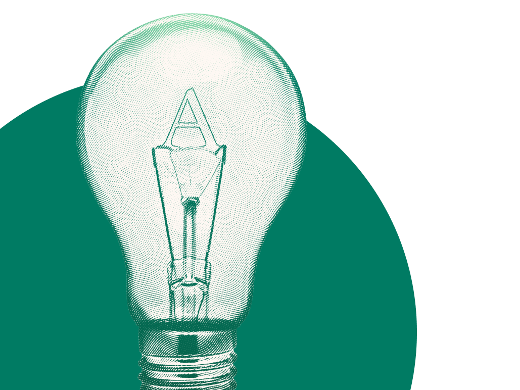 Illustration of a glowing light bulb with a stylized capital “A” filament centered inside, symbolizing ideas, innovation, and insight against a green circular background.