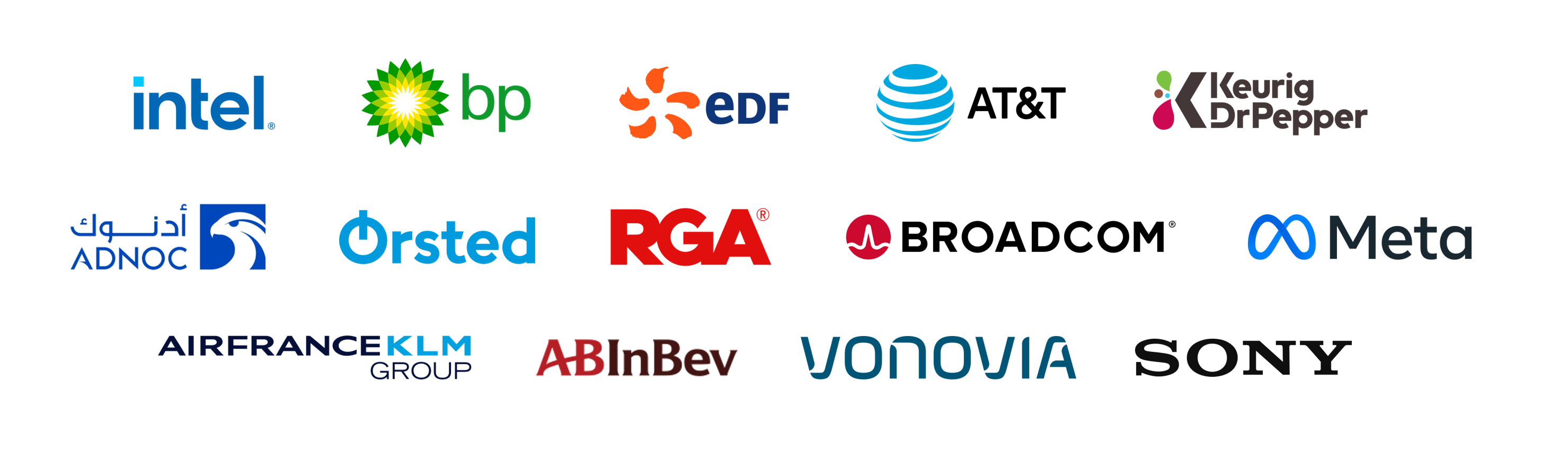 Logo grid featuring leading global companies that have borrowed through private investment-grade credit transactions, including Intel, bp, EDF, AT&T, Keurig Dr Pepper, ADNOC, Ørsted, RGA, Meta, Broadcom, Air France-KLM, AB InBev, Vonovia, and Sony. The graphic highlights how investment-grade companies across industries use customized capital solutions and private credit financing alongside public debt markets to support strategic growth initiatives, infrastructure projects, acquisitions, and long-term investments.