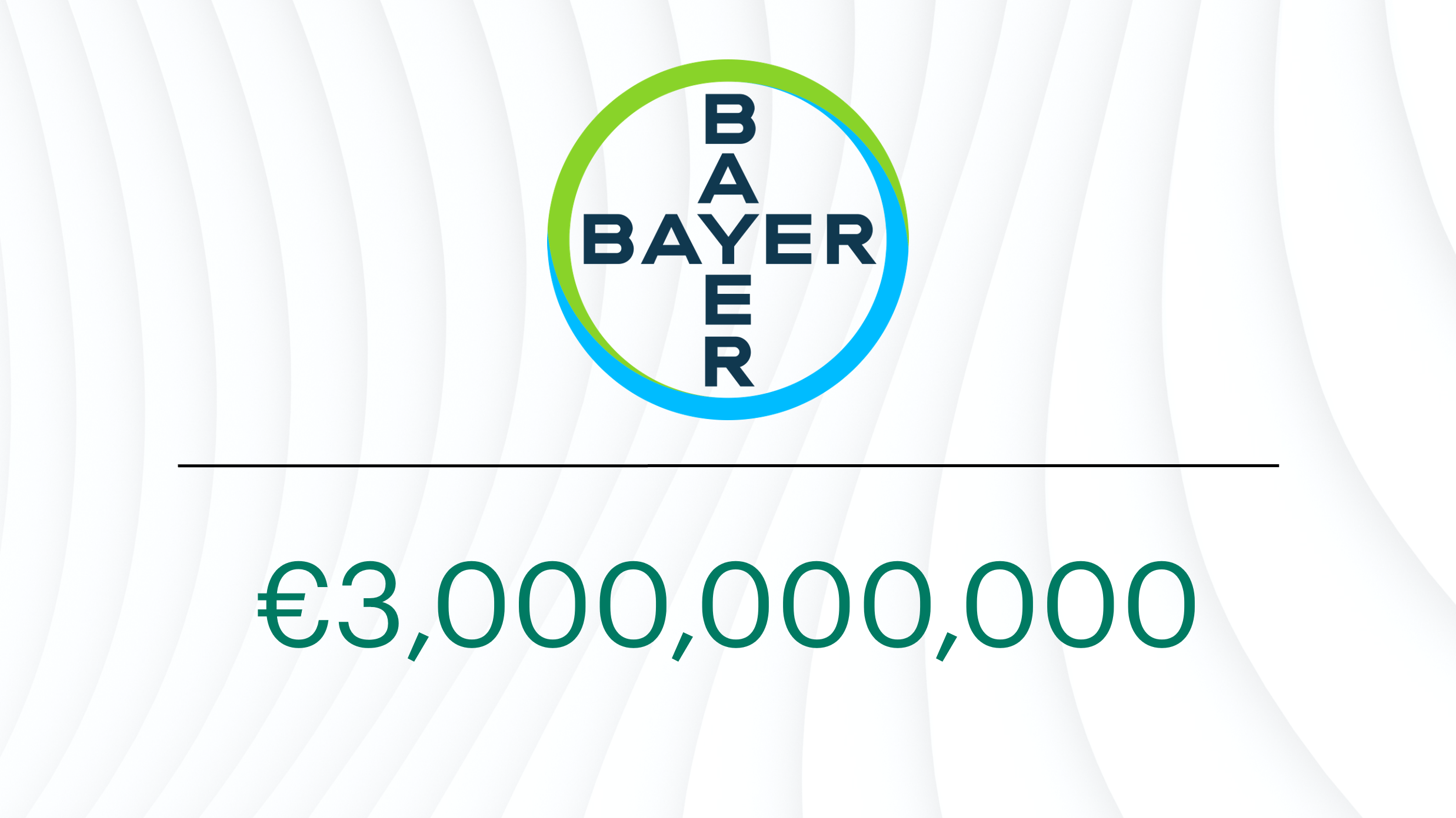 Bayer logo displayed above a horizontal divider with the value €300,000,000 beneath it, representing a €300 million financing commitment associated with Bayer.
