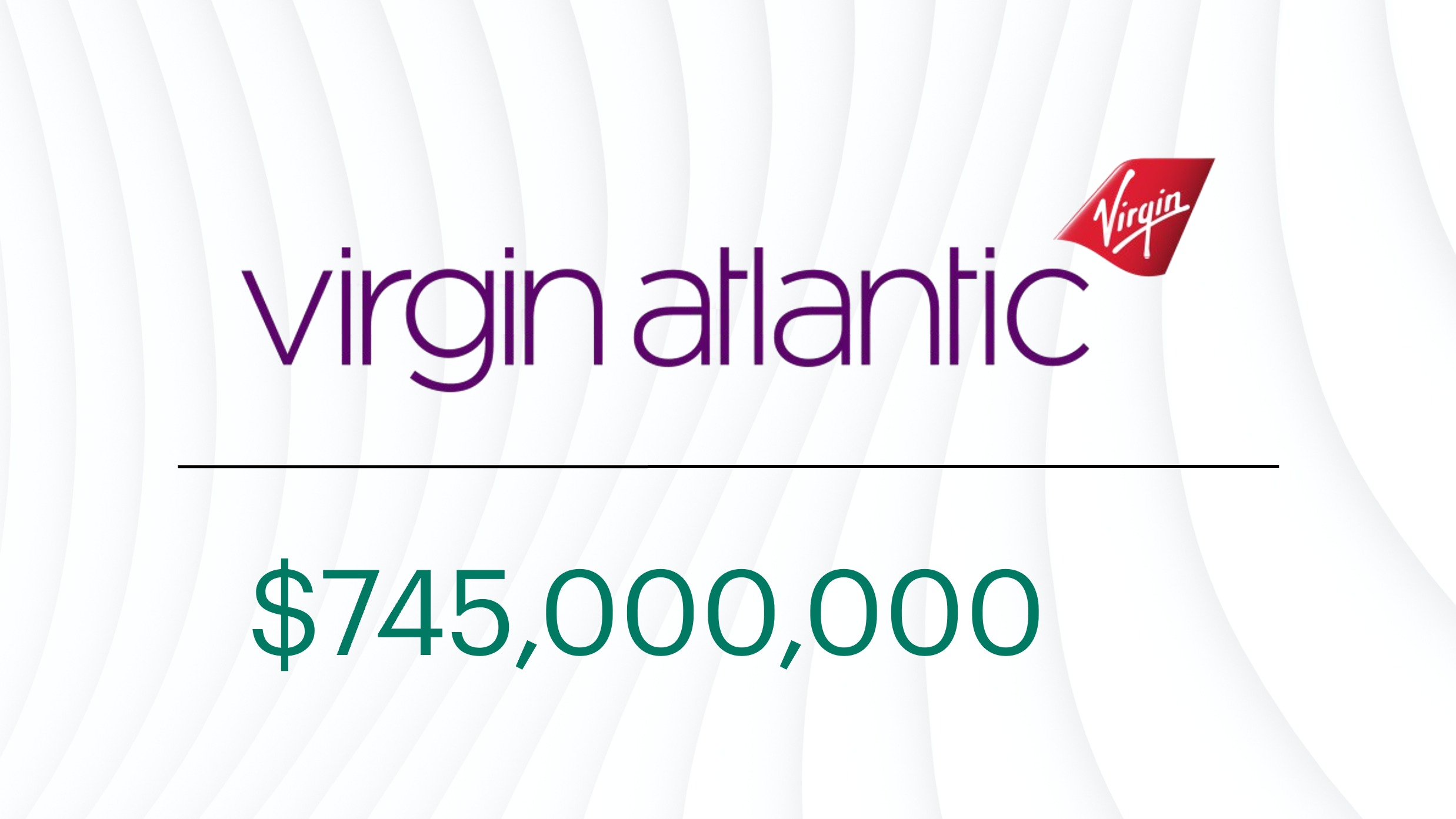 Virgin Atlantic logo displayed above the financing amount of $745,000,000 on a white background with subtle curved gray lines. The graphic highlights a capital markets transaction associated with Virgin Atlantic.