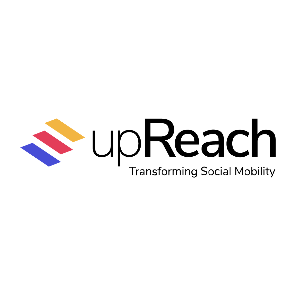 UpReach logo featuring three parallel diagonal bars in blue, red, and yellow, arranged in an ascending pattern from lower left to upper right against a black background.