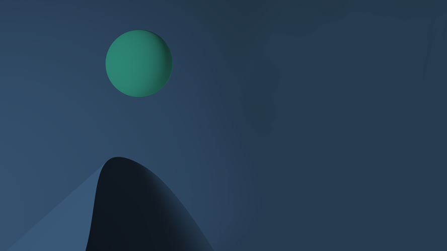 Abstract illustration featuring a teal sphere suspended above a dark curved form on a deep blue gradient background, with soft shadows and minimalist geometric shapes creating a clean, modern visual composition.