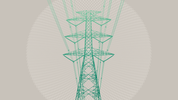 Technical illustration of a high-voltage electricity transmission tower with overhead power lines extending upward. Fine mint-green geometric lines and a circular grid pattern contrast against a solid teal-green background.