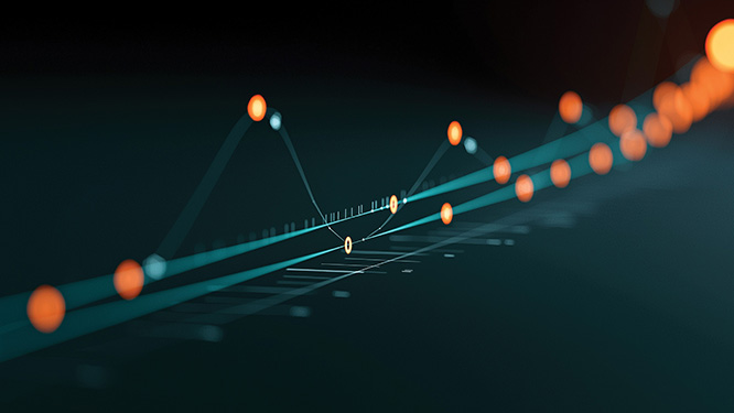 Abstract 3D data visualization showing glowing orange nodes connected by teal lines on a dark background, resembling a financial chart or network graph