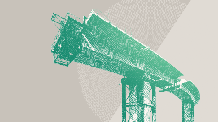 Stylized green illustration of large-scale industrial infrastructure, featuring an elevated structural platform, support framework, and curved ductwork against a neutral background.
