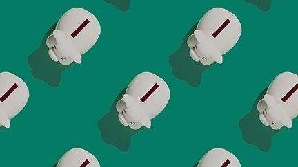 Illustration of multiple white piggy banks with dark red coin slots arranged diagonally across a teal-green background. Each piggy bank casts a shadow, representing retirement savings and financial planning.