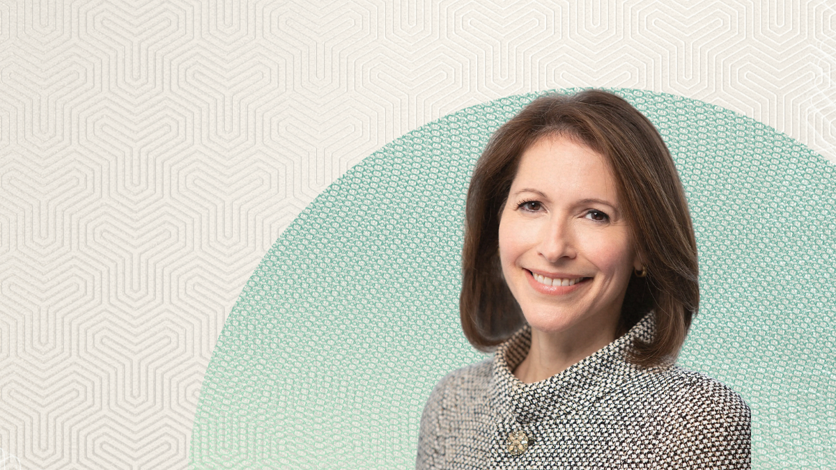 Portrait of Stephanie Drescher, Partner and Chief Client and Product Development Officer at Apollo Global Management, set against a patterned background, accompanying commentary on private markets and wealth management.