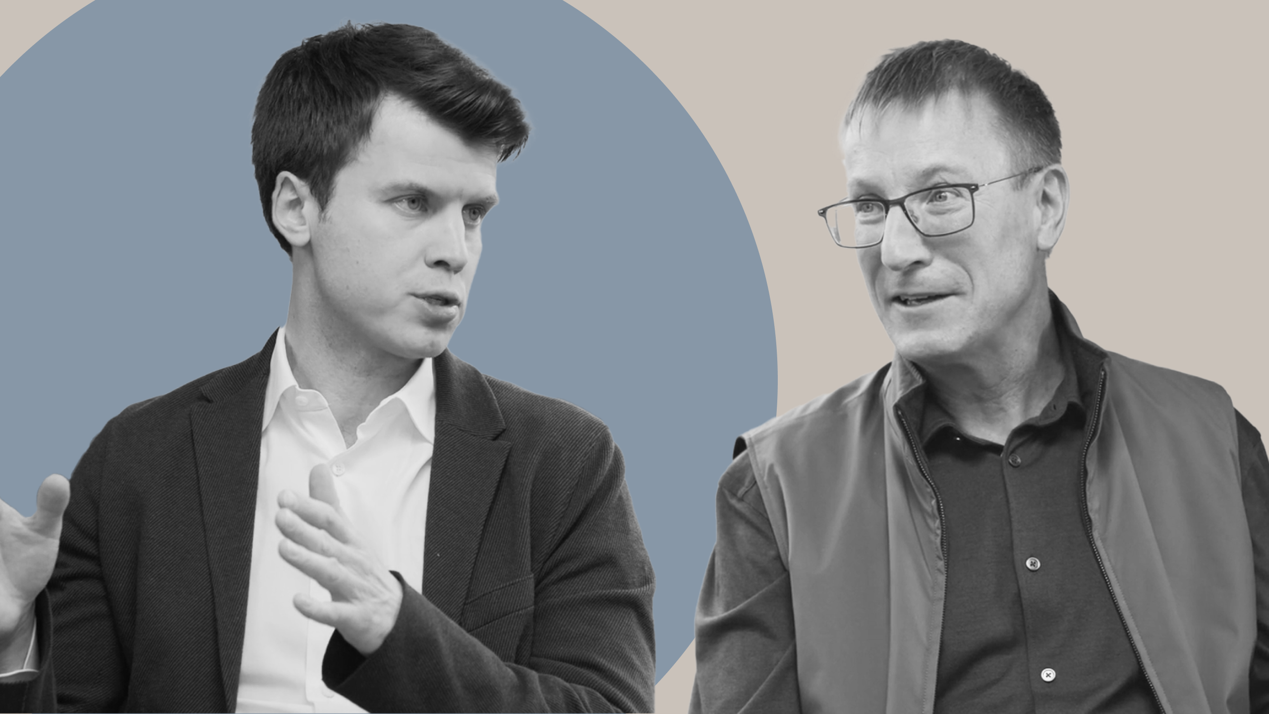 Black-and-white portrait of two speakers in conversation during an Athene: In Context episode. Mike Downing and Bogdan Ignaschenko discuss affiliated and related party assets on insurance balance sheets and how asset origination determines the affiliated designation.