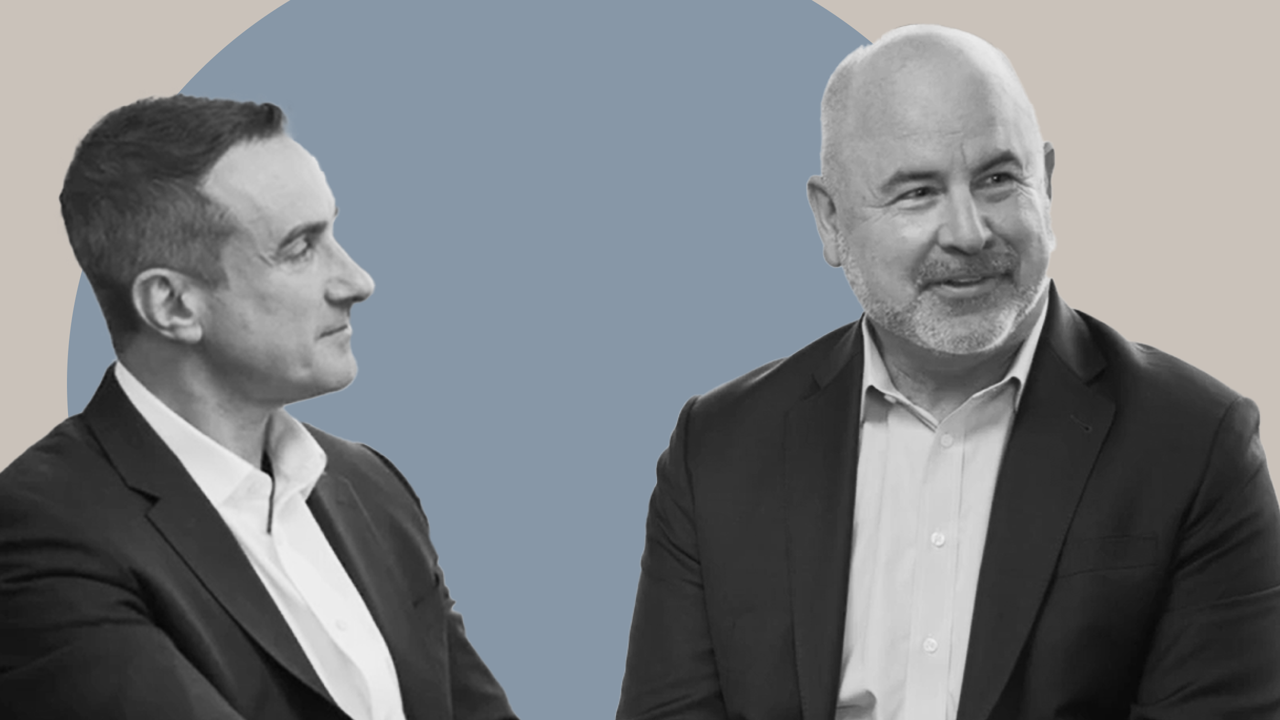 Two business professionals in suits are shown in conversation against a muted blue circular background, representing leadership, collaboration, and strategic decision-making in private markets and asset management.