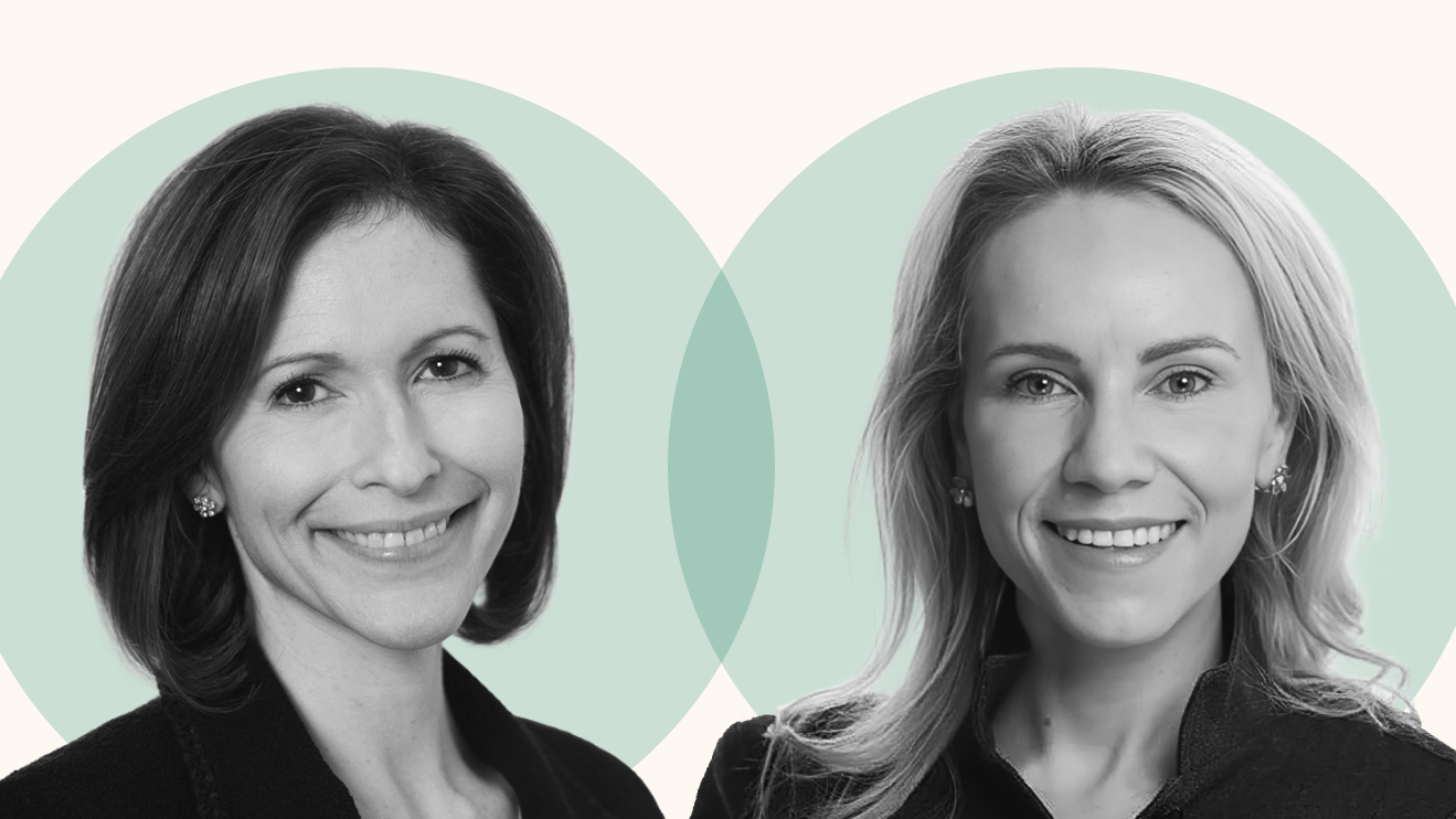 Black-and-white portraits of two women shown side by side against overlapping pale green circles, both facing the camera and smiling in professional attire.