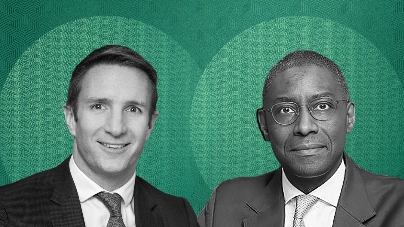 Black-and-white portraits of two men in suits, one wearing glasses, positioned side by side against overlapping green circles and a geometric patterned background.