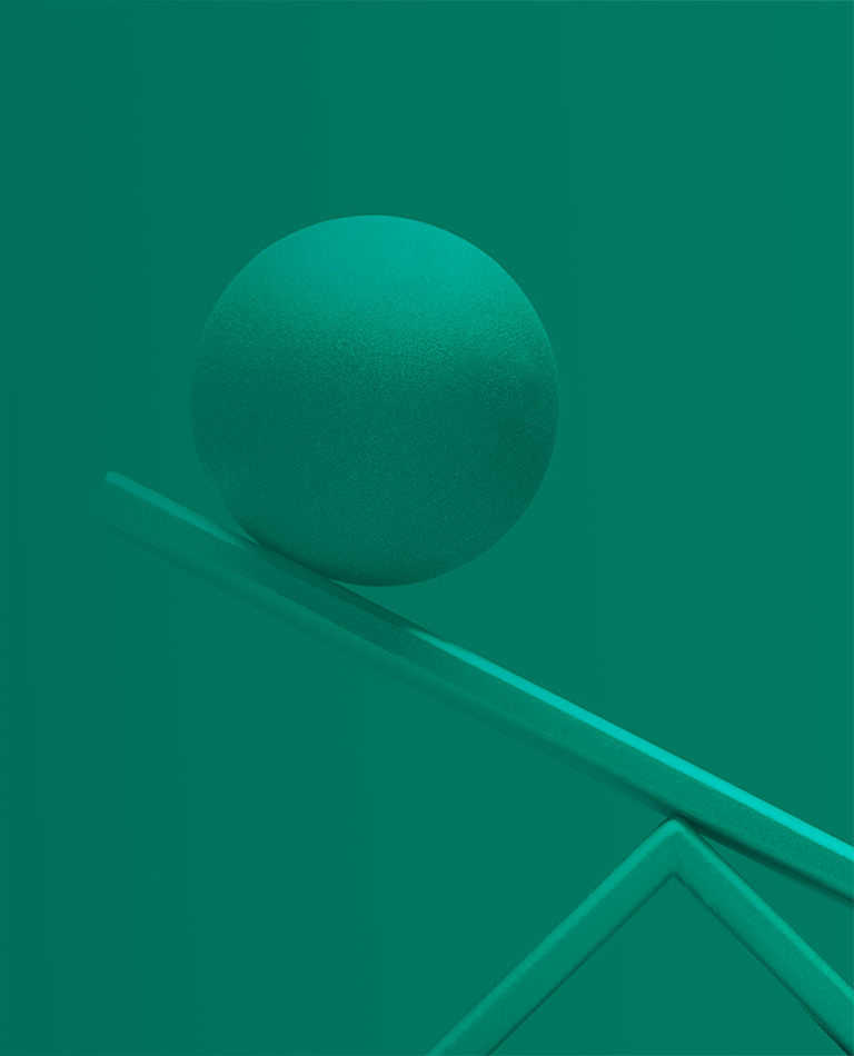 Abstract green image of two spheres balanced on a tilted seesaw, with a larger ball elevated on one side and a smaller ball on the other, symbolizing shifting asset allocation and balance in alternative investments.