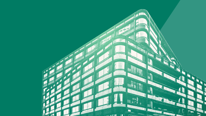 Stylized green architectural illustration of a modern multistory office building viewed from below, featuring a rounded corner, rows of windows, and a geometric overlay.