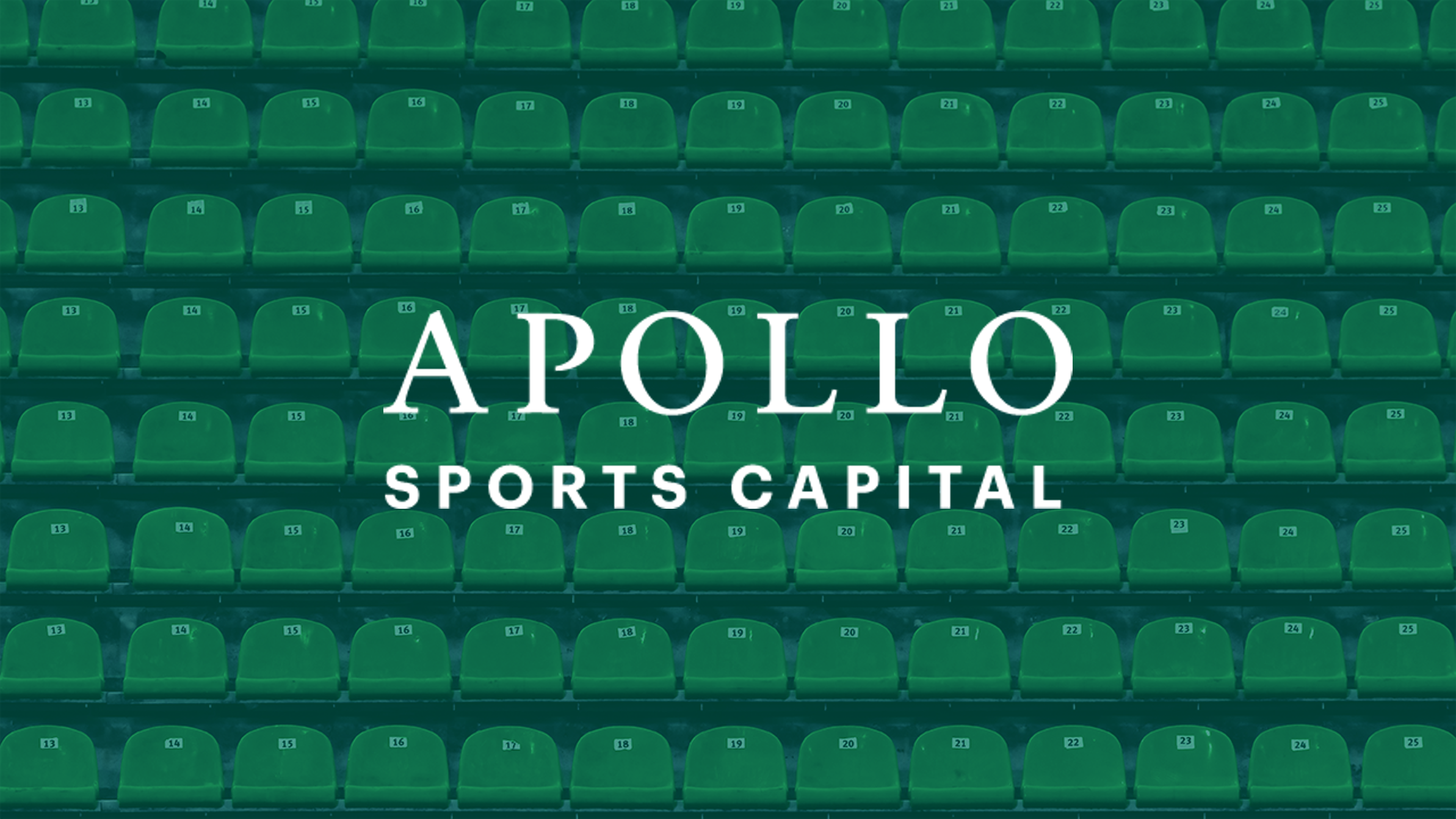 Green stadium seats arranged in repeating rows with “Apollo Sports Capital” centered in white text, symbolizing investment across global sports, leagues, venues, and live events through capital solutions.